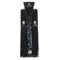 Unisex black sequin suspenders with three metal clips on a product display card - Black Sequin (7)