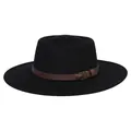 Classic black wool felt bolero hat with brown leather band and metal buckle - M (56-58cm) / Black