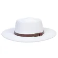 Elegant white flat top wool felt boater hat with a vintage brown faux leather band - M (56-58cm) / White