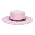 Elegant light pink wool felt boater hat with a brown faux leather belt and buckle - Pink