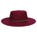 Elegant burgundy wool flat top boater hat with a brown leather decorative band - Burgundy