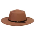 Classic caramel wool felt fedora with black cord and bronze feather ornament - M (56-58cm) / Brown