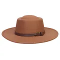 British style caramel brown wool felt boater hat with a leather strap and buckle - Brown