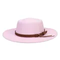 Light pink wool fedora hat with flat top and brown belt with golden ring buckle - 56-58cm / Pink