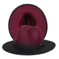 Two-tone burgundy and black wool felt fedora hat with metal buckle and stylish band - M (56-58cm) / Wine Red and Black