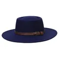 Navy blue wool felt boater hat with wide brim and brown leather belt accent - M (56-58cm) / Navy Blue
