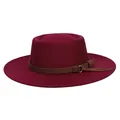 Stylish burgundy wool felt fedora hat with a wide brim and brown gold buckle band - 56-58cm / Wine Red