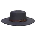 Dark grey flat top wool fedora with a brown leather band and antique metal buckle - M (56-58cm) / Dark Gray