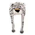 Cappuccio di peluche a forma di tigre con orecchie 3D e paraorecchie con pompon - Tigre Bianca