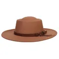 Classic camel wool felt boater hat with a brown leather strap and gold metal ring - 56-58cm / Brown