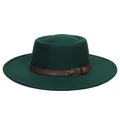 Deep emerald green wool felt boater hat with a brown leather belt and buckle detail - M (56-58cm) / Dark Green
