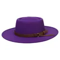 Classic purple wool felt boater hat with a stylish brown suede band and metal buckle - 56-58cm / Purple