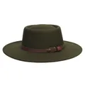 Elegant dark olive green wool felt boater hat with a brown leather decorative belt - M (56-58cm) / Army Green
