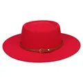 Classic red wide brim fedora hat with a brown faux leather buckle belt accessory - 56-58cm / Bright Red