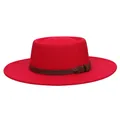 Elegant red wool boater hat with dark brown leather band and metal buckle detail - M (56-58cm) / Red