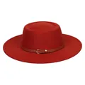 Red wool felt fedora with a flat top, wide brim, and brown leather belt trim - 56-58cm / Brick Red
