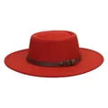 Elegant red wool flat top fedora with 8cm wide brim and brown leather belt trim - Brick Red