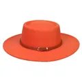 Classic orange flat top fedora with brown leather strap and golden buckle accessory - Orange