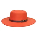 Elegant orange flat top wool felt boater hat with a brown leather decorative buckle band - M (56-58cm) / Orange
