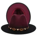 Detalle del sombrero de lana bicolor con banda de cuentas bohemia y ala ancha chic - M (56-58cm) / Rojo Vino + Negro