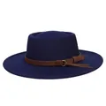 Navy blue wool felt fedora hat with brown leather band and gold metal ring detail - 56-58cm / Navy Blue