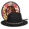 Black fedora wool hat with gold chain, tassel, and vibrant leopard print lining detail - M (56-58cm) / Black Exterior Red Leopard Lining