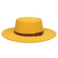 Elegant yellow wool felt boater hat with a brown leather band and metal buckle detail - M (56-58cm) / Bright Yellow