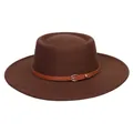 Men's dark coffee wool felt fedora hat featuring a tan leather band and gold buckle - 56-58cm / Coffee