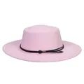 Elegant pink wool felt fedora with flat top and black woven decorative band - M (56-58cm) / Pink