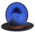 Chapeau fedora à large bord avec dégradé bleu et noir et ceinture en cuir marron bouclée - M (56-58cm) / Bleu + Noir