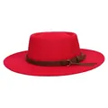 Classic red flat top wool fedora hat with brown band and stylish metal buckle - 56-58cm / Bright Red