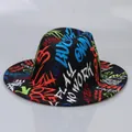 Black wool fedora hat with vibrant street-style graffiti prints and a wide flat brim - Alphabet
