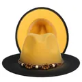 Detail of fedora hat showing dual-tone yellow and black felt with beaded leather band - M (56-58cm) / Yellow+Black