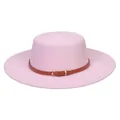 Pink wide brim fedora hat with brown leather band and gold buckle detail - 56-58cm / Pink
