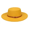 Classic yellow wool felt fedora hat with a brown leather strap and metal buckle - 56-58cm / Bright Yellow