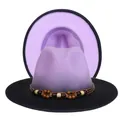 Detail of purple gradient fedora with black brim and ethnic beaded woven band decoration - M (56-58cm) / Light Purple + Black
