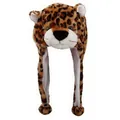 Plush leopard print animal hat with rounded ears and long earflaps with pom-poms - Leopard