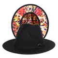 Detail of fedora hat showing classic black exterior and colorful leopard tie-dye lining - M (56-58cm) / Black Exterior Red Leopard Lining