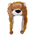 Bonnet lion en peluche marron et blanc avec protège-oreilles et pompons décoratifs - Lion