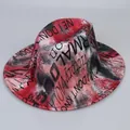 Wide brim felt fedora hat featuring red and black tie-dye graffiti print design - Red With Letter Print