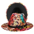 Detailed view of colorful tie-dye leopard print fedora hat with black brim and gold buckle - M (56-58cm) / Red Leopard Exterior Black Lining