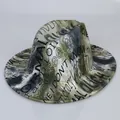 Artistic tie-dye wool fedora hat featuring a wide brim and bold printed text design - Green With Letter Print