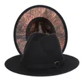 Detail of wool fedora hat with black exterior and leopard print pattern on the inner brim - M (56-58cm) / Black Exterior Wood Pattern Lining