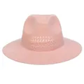 Close-up of a light pink woven Panama hat featuring breathable hollow knit detailing - Hollow Style / Pink