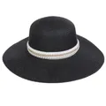 Detail of black straw hat featuring white ribbon with pearls and golden chain trim - 56-58cm / Artificial Pearl Chain Lace (287D) / Black