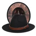 Détail du chapeau fedora noir avec doublure léopard et ceinture en cuir marron bouclée - M (56-58cm) / Extérieur Noir Doublure Motif Bois