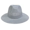 Macro detail of breathable hollow knit pattern on classic grey Panama straw sun hat - Hollow Style / Gray