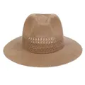 Detailed view of the fine straw weave and breathable mesh band on this Panama Fedora hat - Hollow Style / Khaki