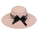 Pink wide brim straw hat with black bow, lace trim and pearl accents for beach wear - 56-58cm / Large Bow Lace Artificial Pearl (294A) / Pink