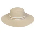 Detail of flat straw hat brim with elegant pearl trim and golden chain band - 56-58cm / Artificial Pearl Chain Lace (287C) / Beige